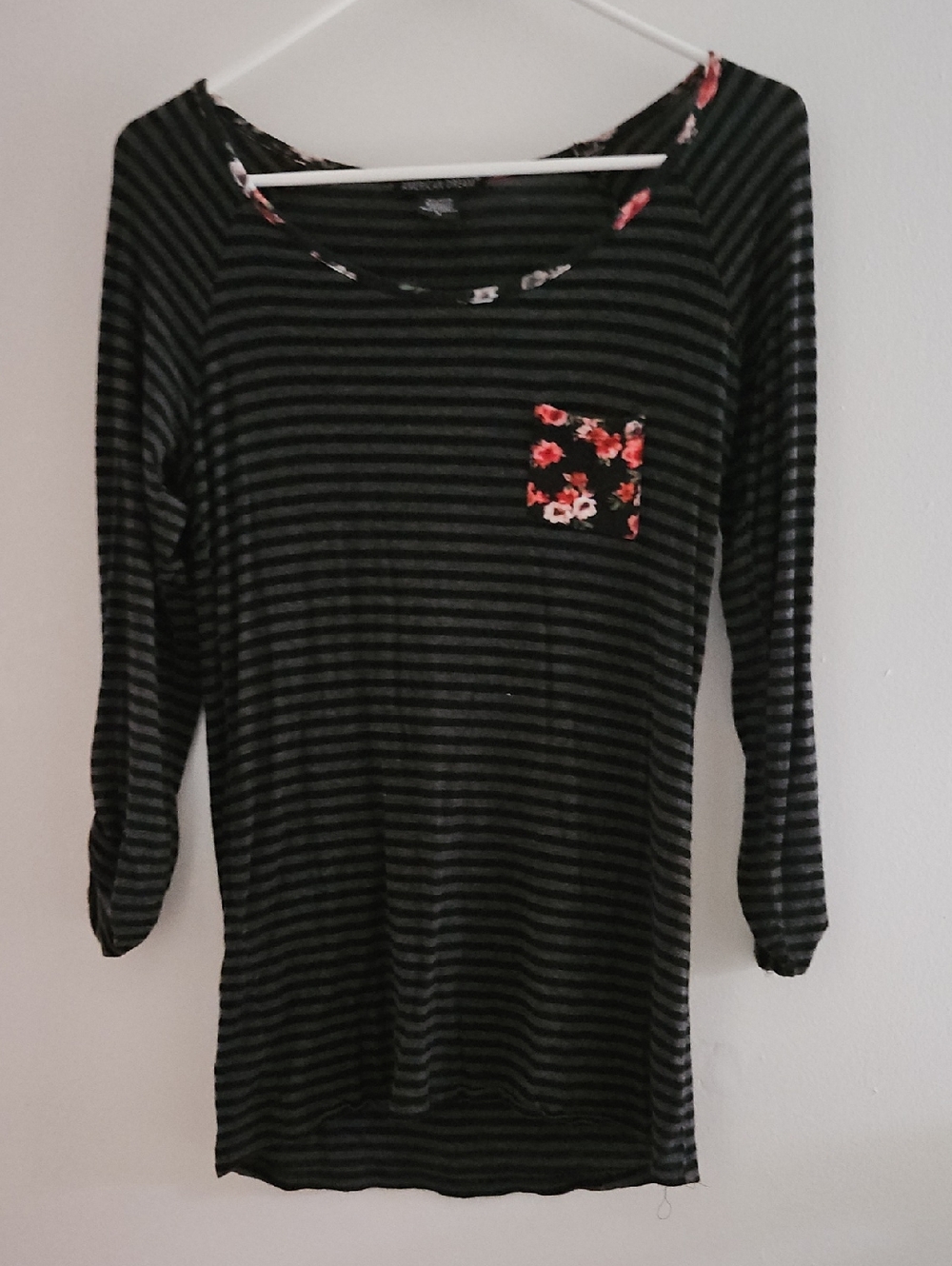 American Dream Black & Gray Striped Long Sleeve Top with Floral Pocket